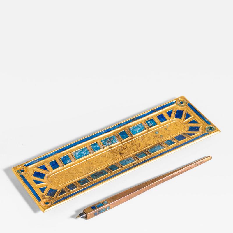  Louis C Tiffany Furnaces Inc Blue Art Deco Pen and Pen Tray