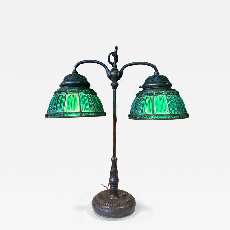  Louis C Tiffany Furnaces Inc Rare Green Linenfold Double Student Table Lamp Tiffany Studio