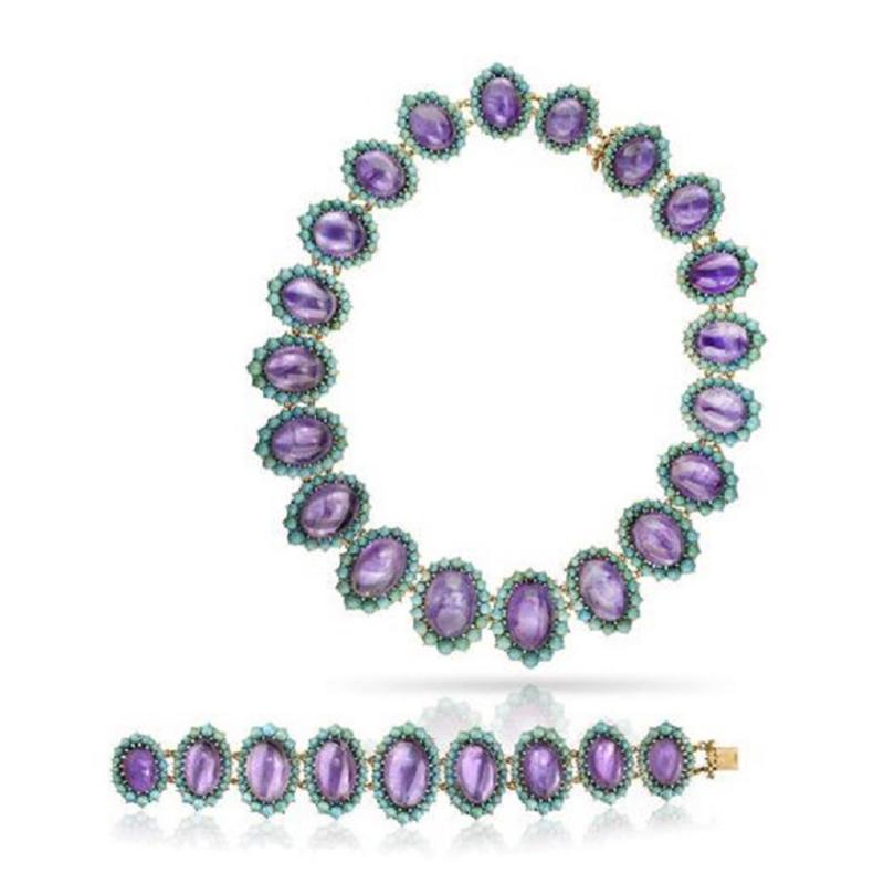  Lucien Piccard 18K YELLOW GOLD CABOCHON OVAL AMETHYST TURQUOISE NECKLACE AND BRACELET SET