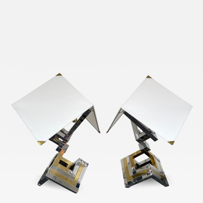  Lumica Pair of Brass and Metal Chrome Lamps by Lumica Spain 1970s