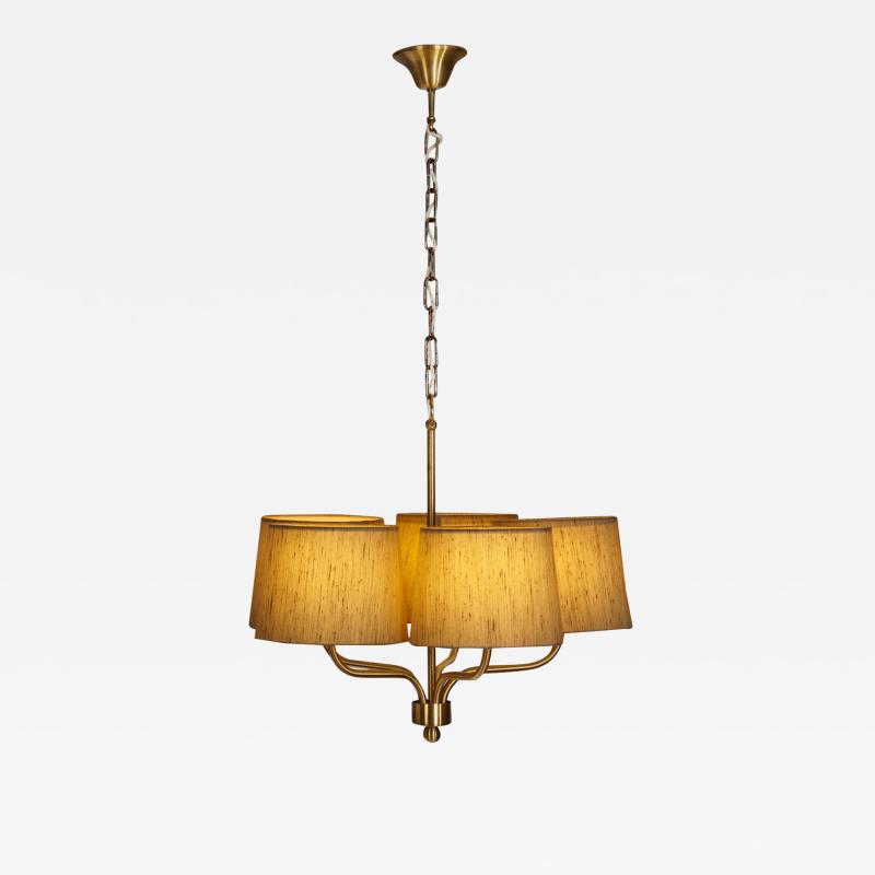  Luxus Five Arm Brass Ceiling Lamp with Fabric Shades by Luxus Vittsj Sweden 1960s