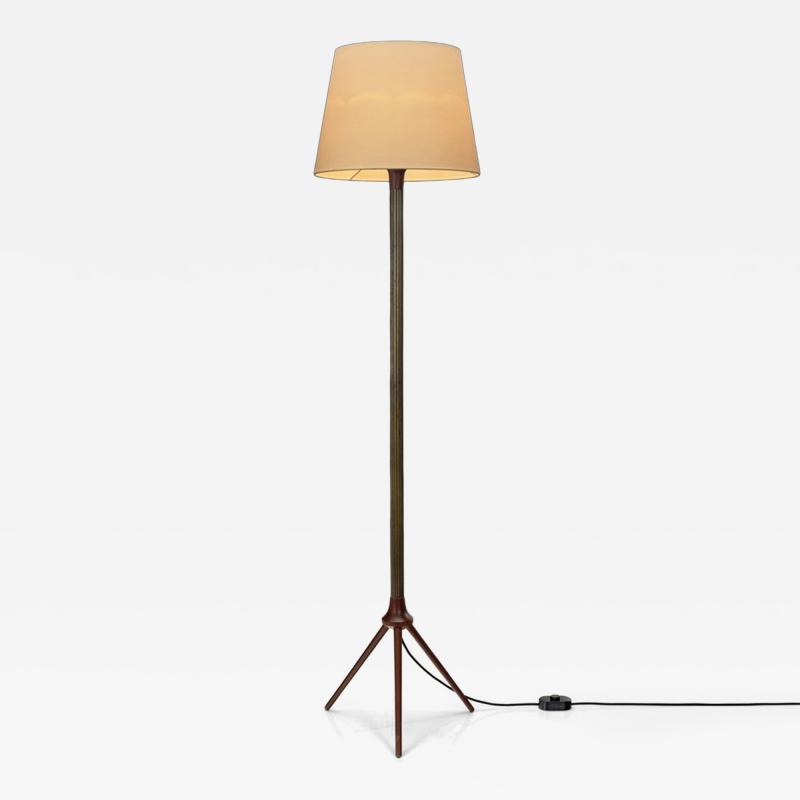  Lyfa Brass and Wood Floor Lamp with Tripod Base by Lyfa Denmark ca 1960s