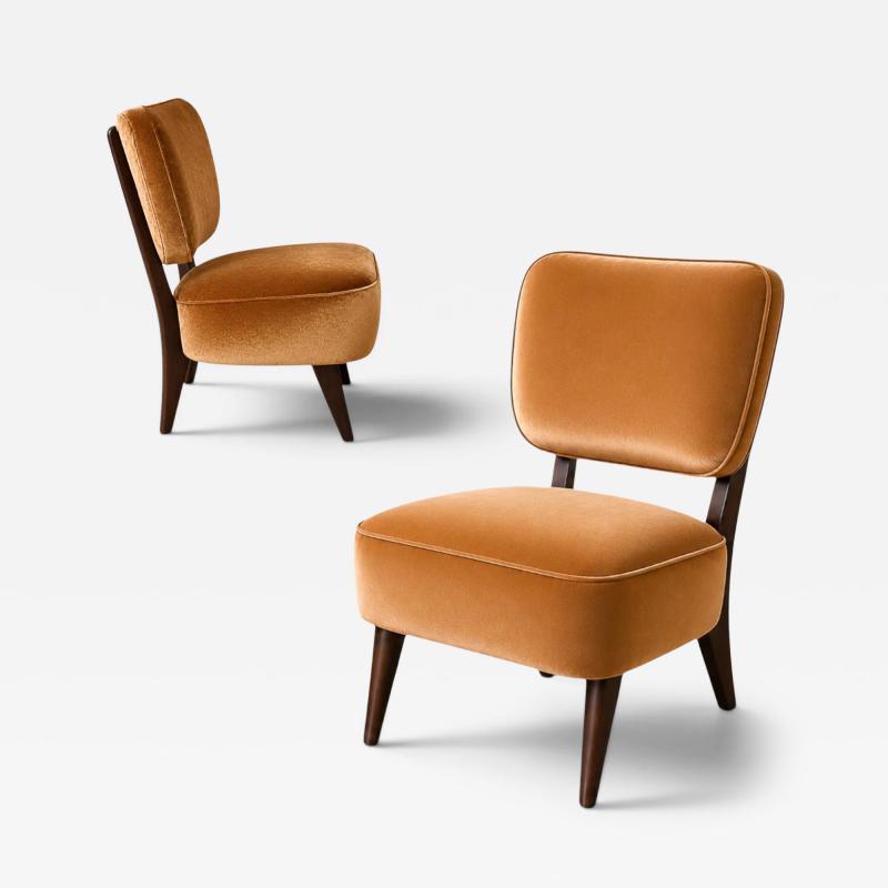  M veis Cimo Pair of Modern Lounge Armchairs in Imbuia Wood Camel Mohair Velvet by Cimo