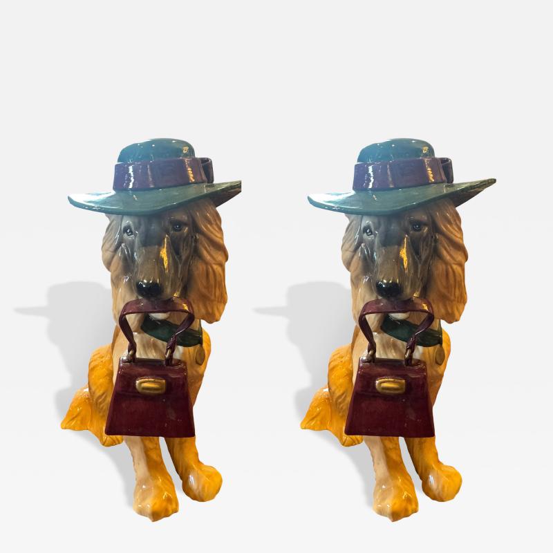 MERRYMAC MONUMENTAL PAIR OF LIFESIZE CERAMIC DOGS WITH FANCY HAT HANDBAG