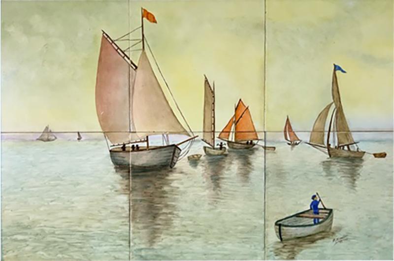  MUELLER MOSAIC COMPANY MID CENTURY CERAMIC TILE PLAQUE OF SAILBOATS SEASCAPE BY M MUELLER