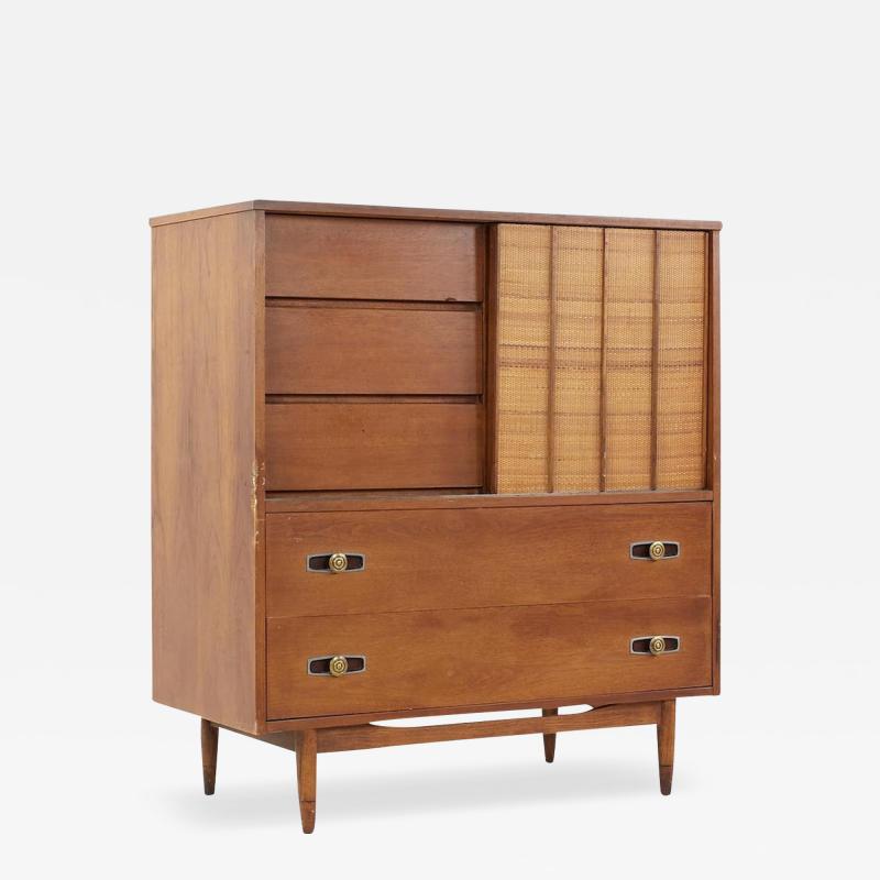  Mainline by Hooker Mainline by Hooker Mid Century Walnut and Cane 8 Drawer Highboy Dresser