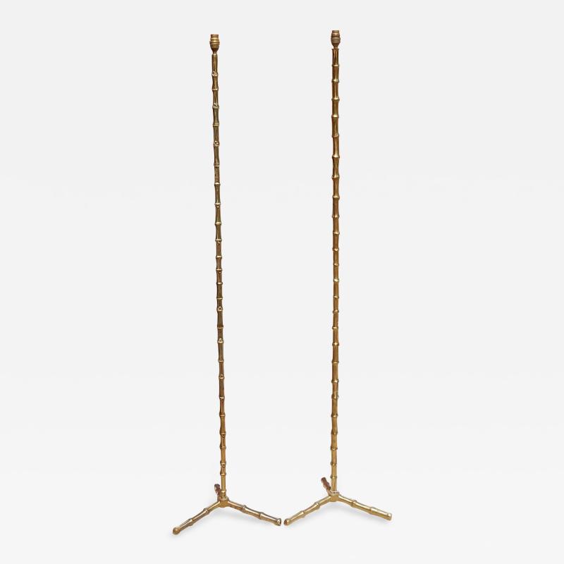 Maison Bagu s 1950 1970 Pair of Golden Bronze or Brass Floor Lamps Maison Bagu s Model Bamboo