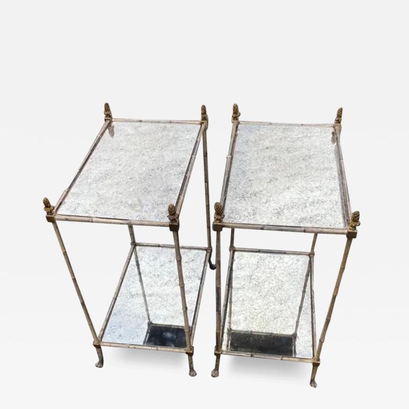  Maison Bagu s 1950 Pair of Maison Bagu s Tables Bamboo Decor in Silver And Gilt Bronze