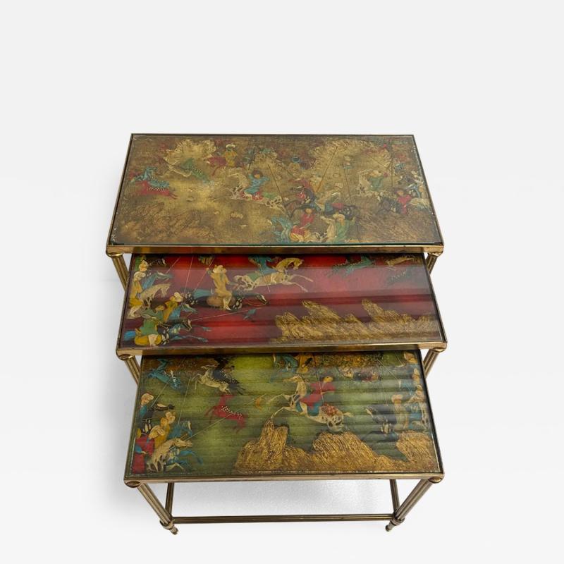  Maison Bagu s 1950 Series of 3 Nesting Tables with Mongol Warrior Paintings Maison Bagu s