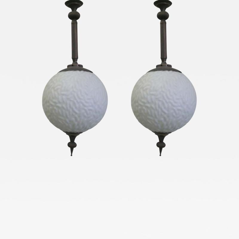  Maison Bagu s 2 Italian Modern Neoclassical Brass Milk Glass Ball Pendants Flush Mounts
