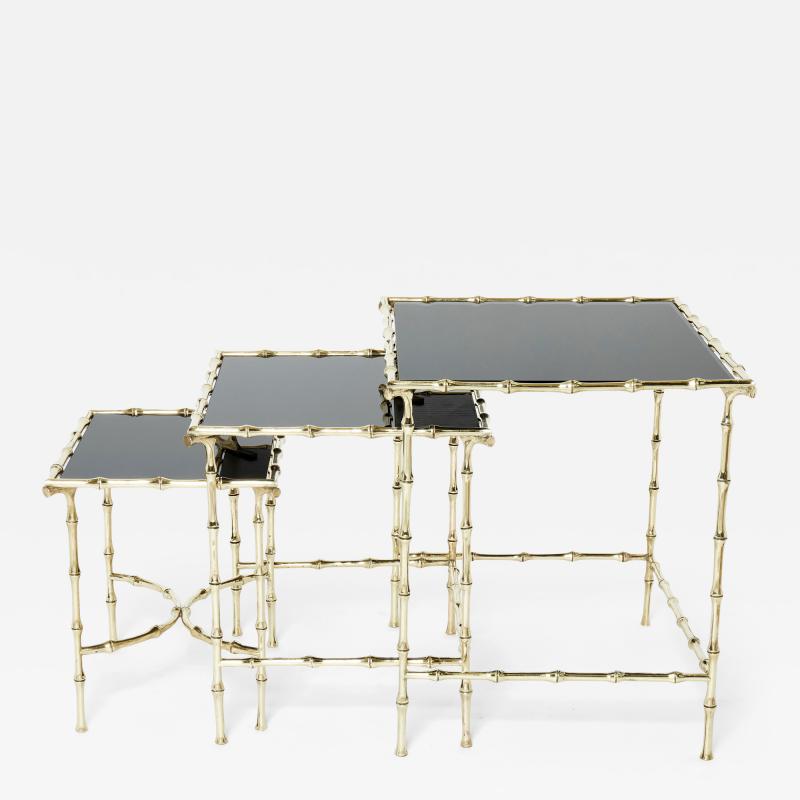  Maison Bagu s French Maison Bagu s bamboo brass black top nesting tables 1960s