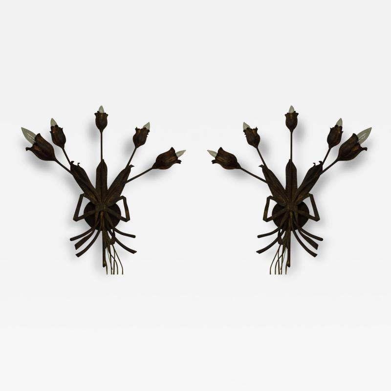  Maison Bagu s Pair Large French Mid Century Modern Gilt Iron Floral Wall Sconce Maison Bagues