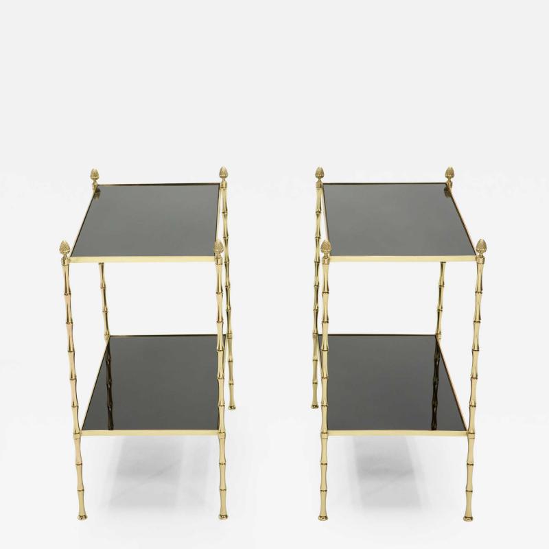  Maison Bagu s Pair of French Maison Bagu s bamboo brass black top two tier end tables 1960s