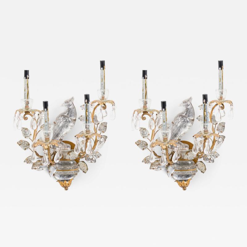  Maison Bagu s Pair of French Mid Century 4 Arm Glass and Bronze Peacock Wall Sconces