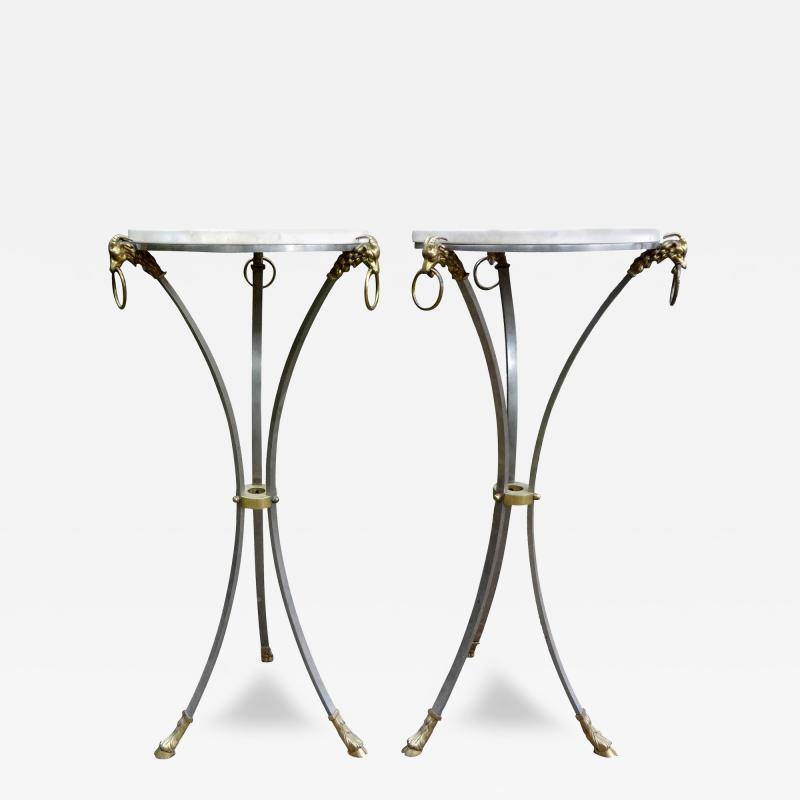  Maison Bagu s Pair of Italian Brushed Steel and Brass Pedestals with Travertine Tops