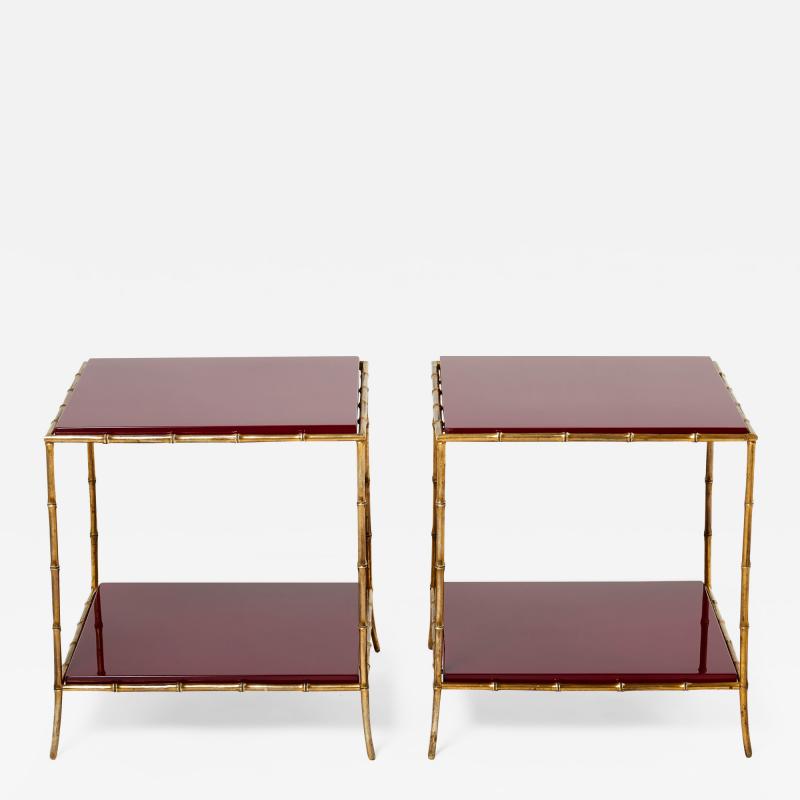  Maison Bagu s Pair of Maison Bagu s bamboo brass red lacquer end tables 1960s