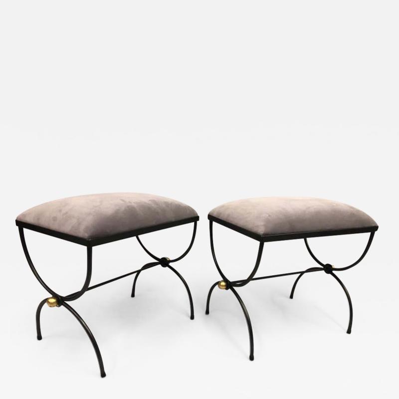  Maison Bagu s Pair of Mid Century Modern Neoclassical Wrought Iron and Gilt Benches or Stools