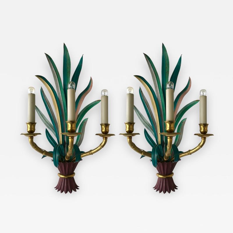  Maison Bagu s Pair of Sconces Bamboo Palm Bronze by Maison Bagues France 1970s