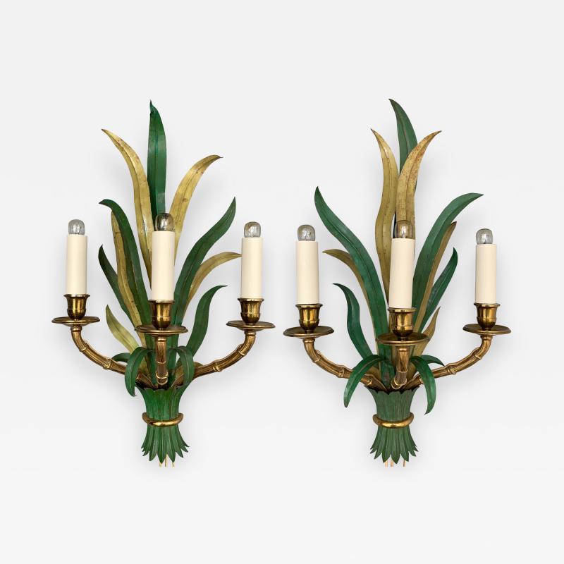  Maison Bagu s Pair of Sconces Bamboo Palm Bronze by Maison Bagues France 1970s