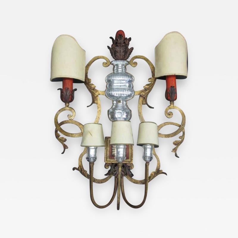  Maison Bagu s Rare Large French Gilt Iron Bronze and Crystal Wall Sconce by Maison Bagu s