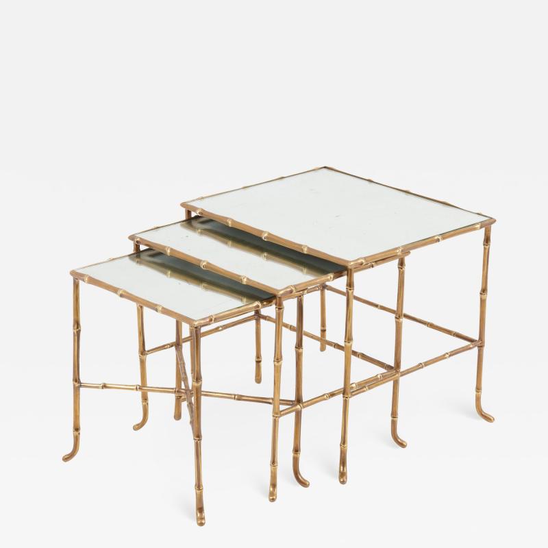  Maison Bagu s Set of 3 Bronze Bamboo Nesting Tables with Mirrors by Maison Bagu s France