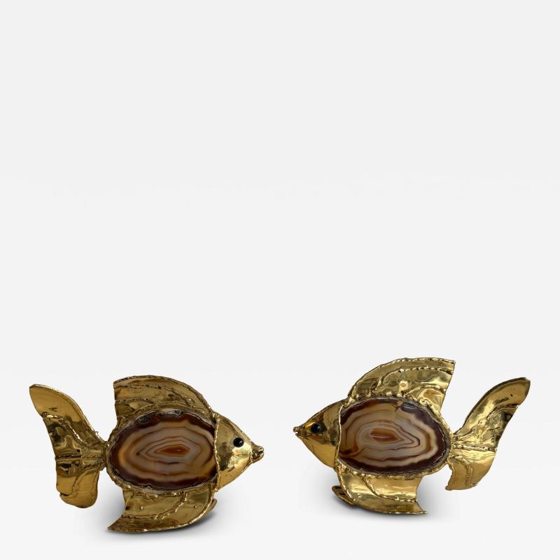  Maison Honor Paris Pair of Brass Agate Fish Lamps by Henri Fernandez France 1980s