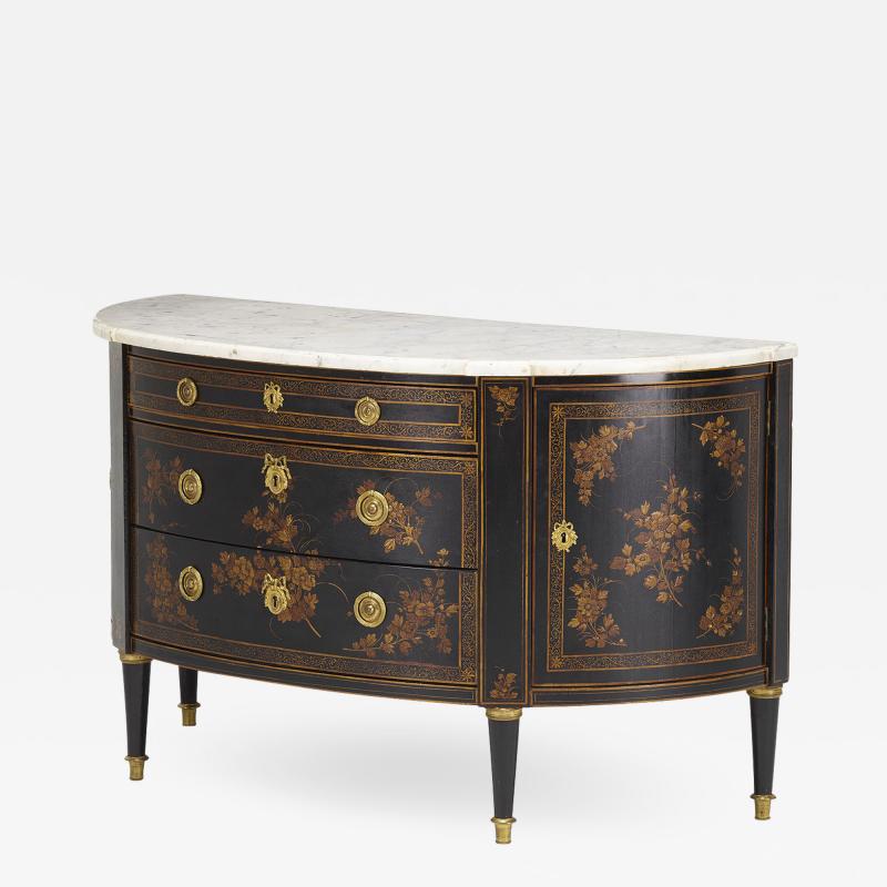  Maison Krieger ELEGANT LOUIX XVI STYLE CHINOISERIE EBONIZED WOOD DEMI LUNE COMMODE