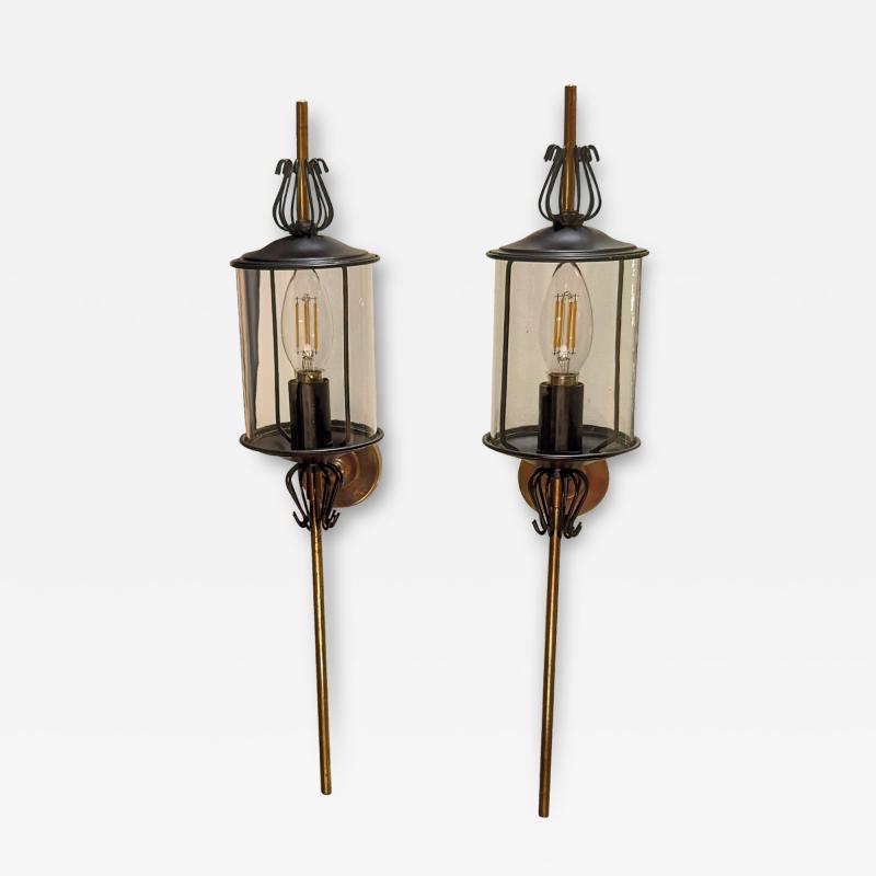  Maison Lunel Black Enameled Steel Tole Brass and Glass Sconces by Lunel France 1960s