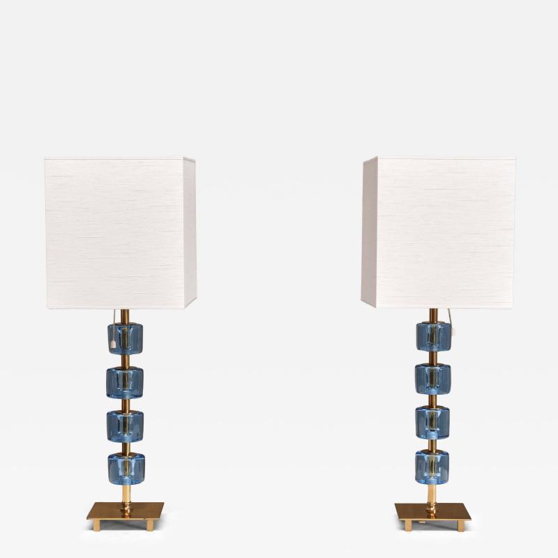  Malm metallvarufabrik AB Pair of Malm Metallvarufabrik Brass and Blue Glass Table Lamps Sweden 1950s
