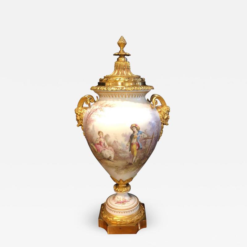  Manufacture Nationale de S vres Sevres Porcelain French Serves Painted Rams Head Bronze Mounted Lidded Vase Centerpiece or Urn