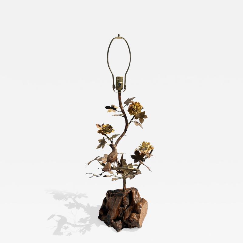  Marbro Lamp Company Enchanting Forest Brass and Burl Wood Lamp
