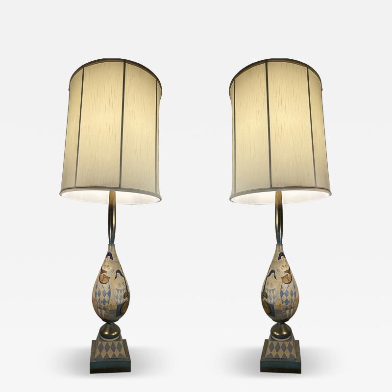  Marbro Lamp Company ITALIAN MID CENTURY PAIR OF PIERROTS PLAYING MANDOLIN GUITAR CERAMIC LAMPS