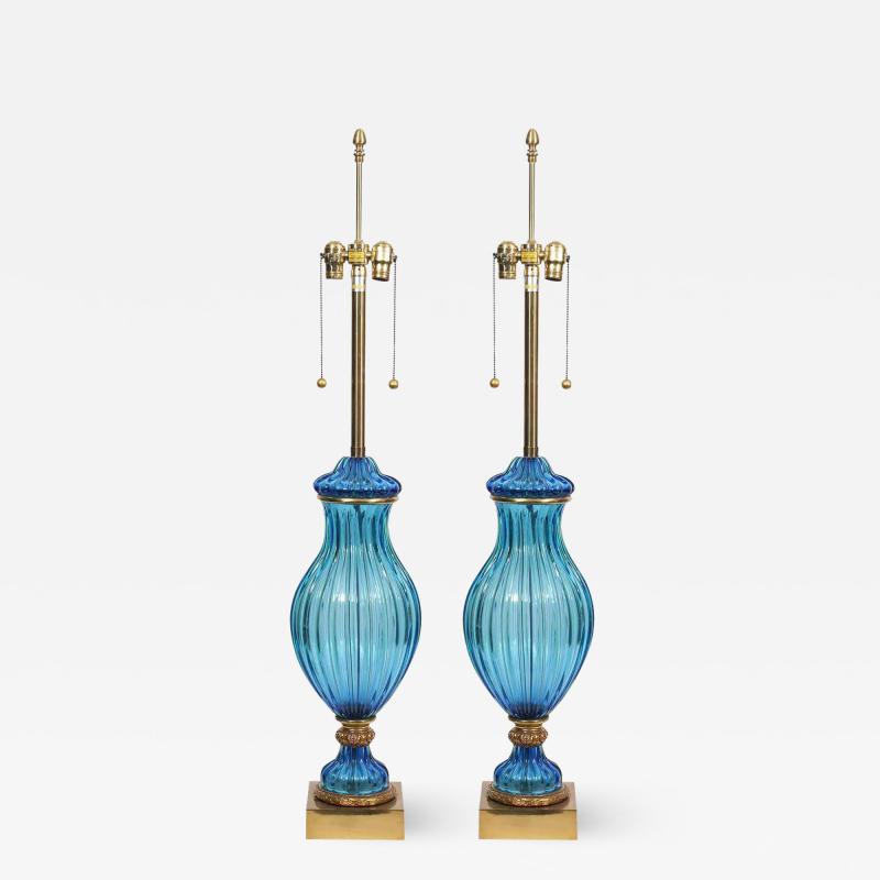  Marbro Lamp Company Large Pair of Vintage Blue Murano Glass Lamps Marbro