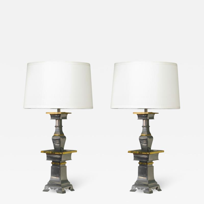  Marbro Lamp Company Pair Of Sculptural Table Lamps In Pewter And Brass 1960s