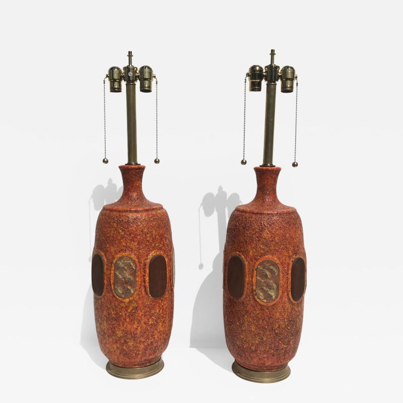  Marbro Lamp Company Pair of Orange Lave Glazed Ceramic Lamps