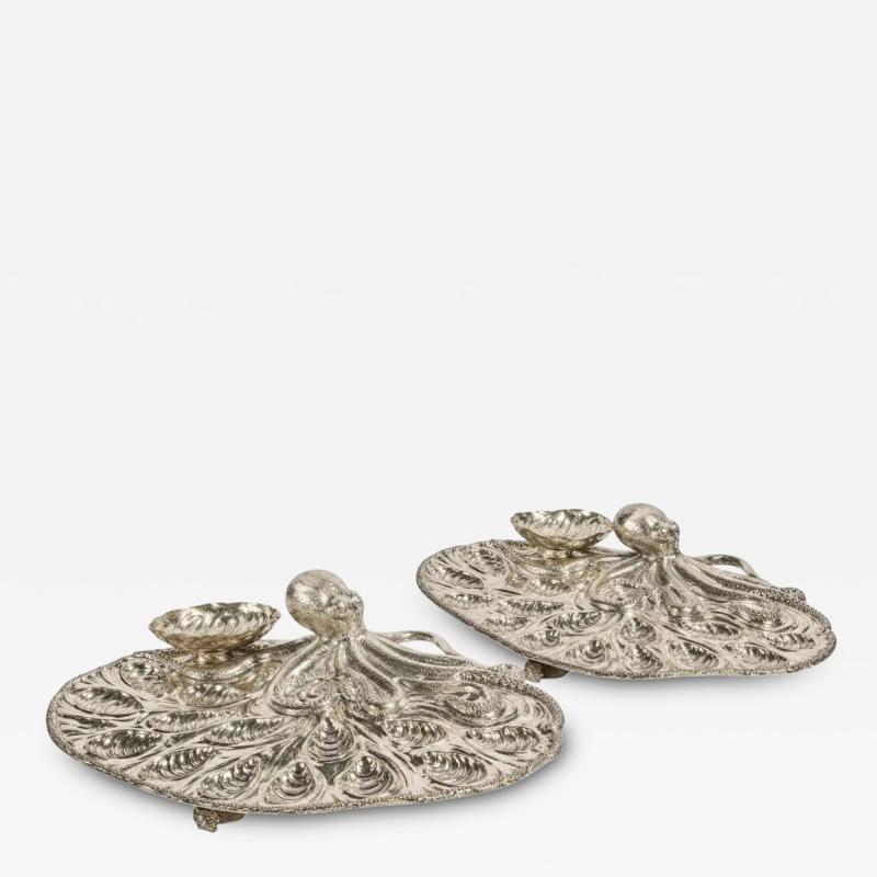  Mario Buccellati Rare Pair of Mario Buccellati Italian Silver Marine Themed Oyster Platters