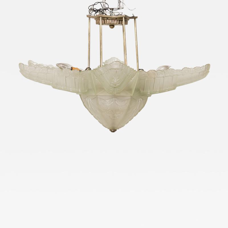 Marius Ernest Sabino Sabino Art Deco French Frosted Glass and Metal Flower Form Chandelier