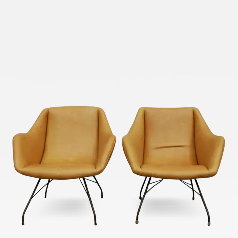  Martin Eisler Carlo Hauner Mid Century Modern Concha Armchairs in Leather Metal by Carlo Hauner c 1950