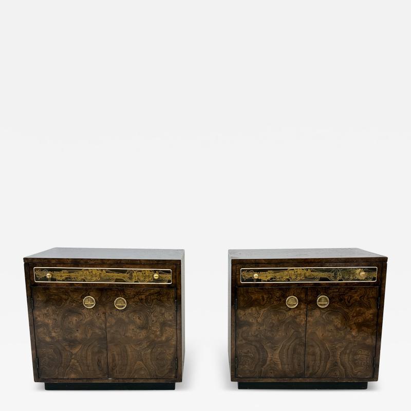  Mastercraft Bernhard Rohne Mastercraft Burl and Acid Etched Brass Nightstands 1970s