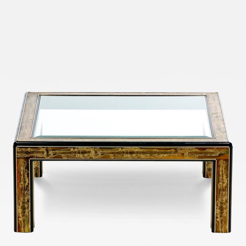  Mastercraft Bernhard Rohne for Mastercraft Acid Etched Metal Glass Brutalist Coffee Table