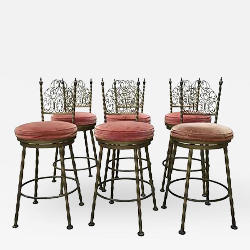  Mastercraft Fantastic Set of Six Mastercraft Bronzed Iron Swivel Stools Circa 1960