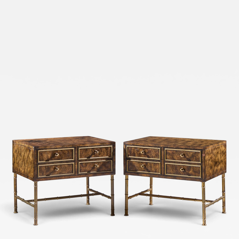  Mastercraft Mastercraft Mid Century Burlwood and Brass Nightstands Pair