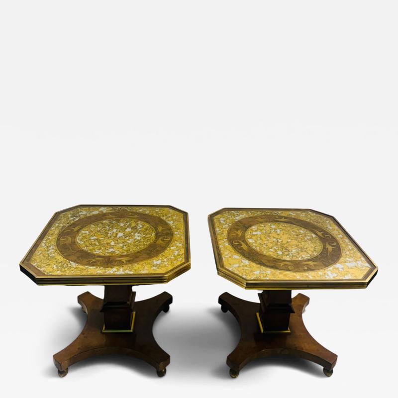  Mastercraft OCTAGONAL GOLD EGLOMAISE TOP BURLWOOD TABLES BRASS BALL FEET BY MASTERCRAFT