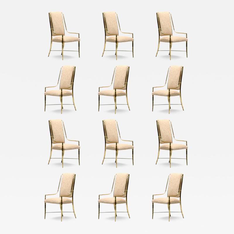  Mastercraft Set of 12 Mastercraft Brass Imperial Dining Chairs in New Ivory Camel Boucl 