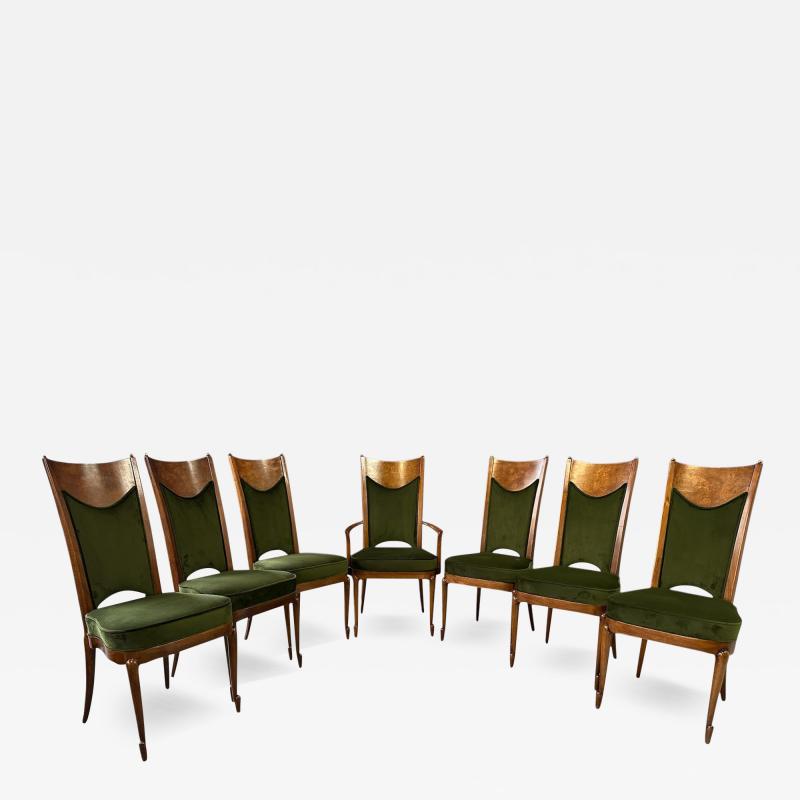  Mastercraft Set of 7 Mastercraft Attributed Burl and Velvet Dining Chairs Hollywood Regency