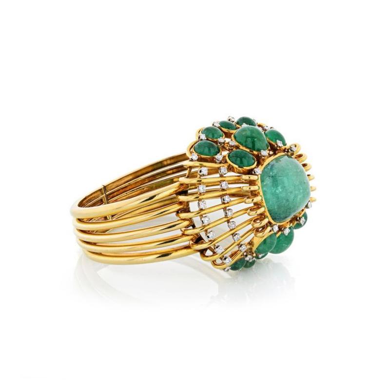  Mauboussin MAUBOUSSIN VINTAGE 18K YELLOW GOLD CABOCHON GREEN EMERALD CUFF BANGLE BRACELET