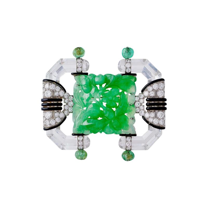  Mauboussin Mauboussin Paris Carved Rock Crystal Jadeite and Emerald Brooch