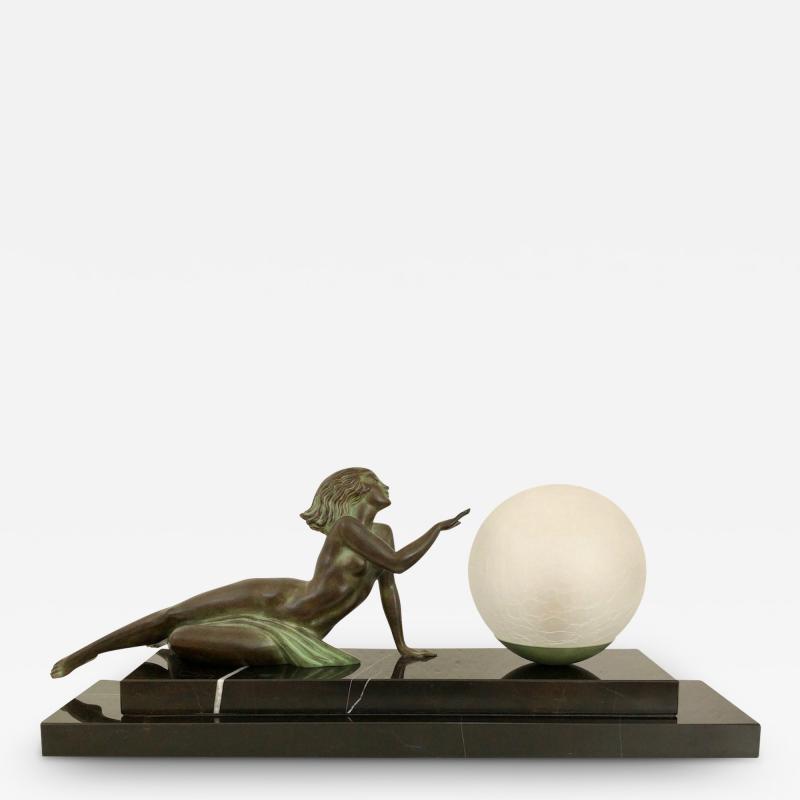  Max Le Verrier Art Deco Sculpture Seduction Lamp with Glass Ball by Fayral for Max Le Verrier