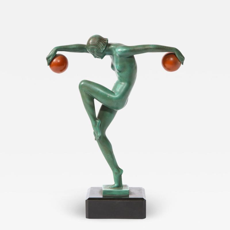  Max Le Verrier Art Deco Sculpture in Patinated Carnelian Enameled Bronze by Denis
