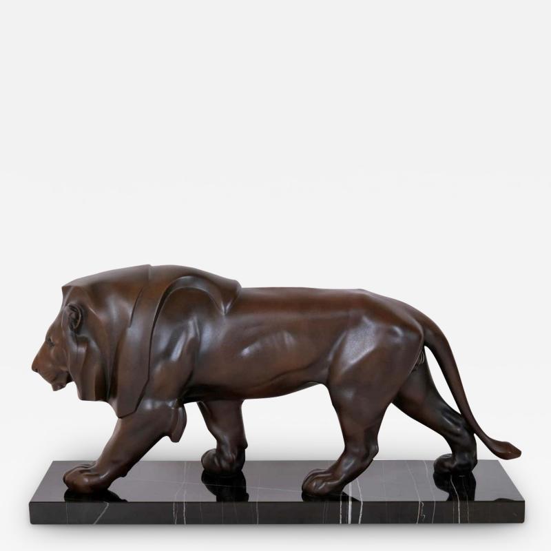  Max Le Verrier Brown Patinated Lion Sculpture Original Max Le Verrier in Cast Iron and Marble